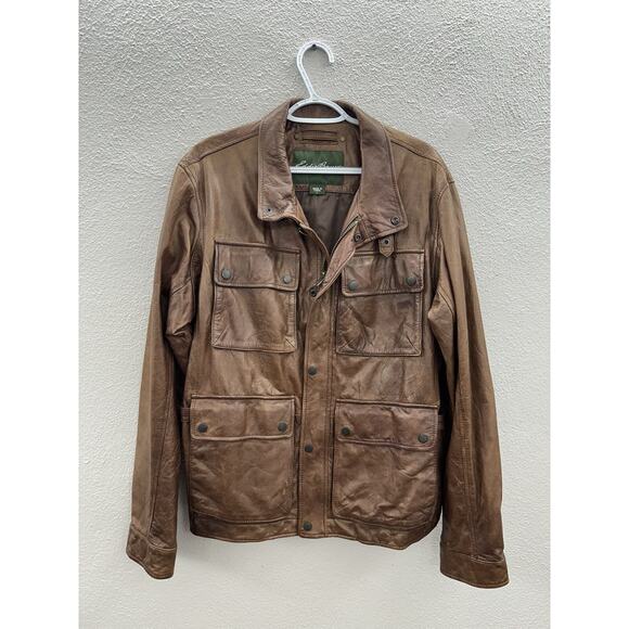 Eddie Bauer Mens Bomber Jacket Size Large Brown Genuine Lamb Leather Zip Up VTG - Picture 1 of 15